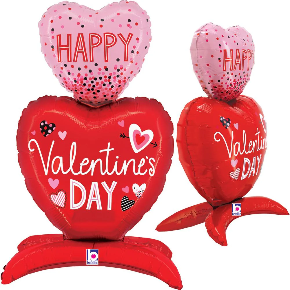 28" Stand Ups Valentine Hearts Air Filled Shape Packed W/straw Foil Balloon (1ct)