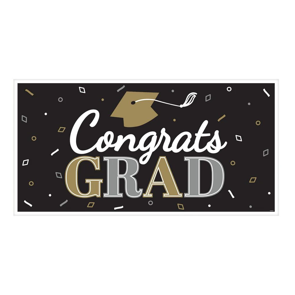 Black, Silver and Gold Congrats Grad Large Plastic Banner
