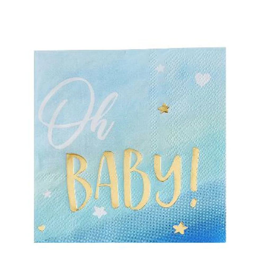 Blue & Metallic Gold Oh Baby Beverage Napkins, 16ct