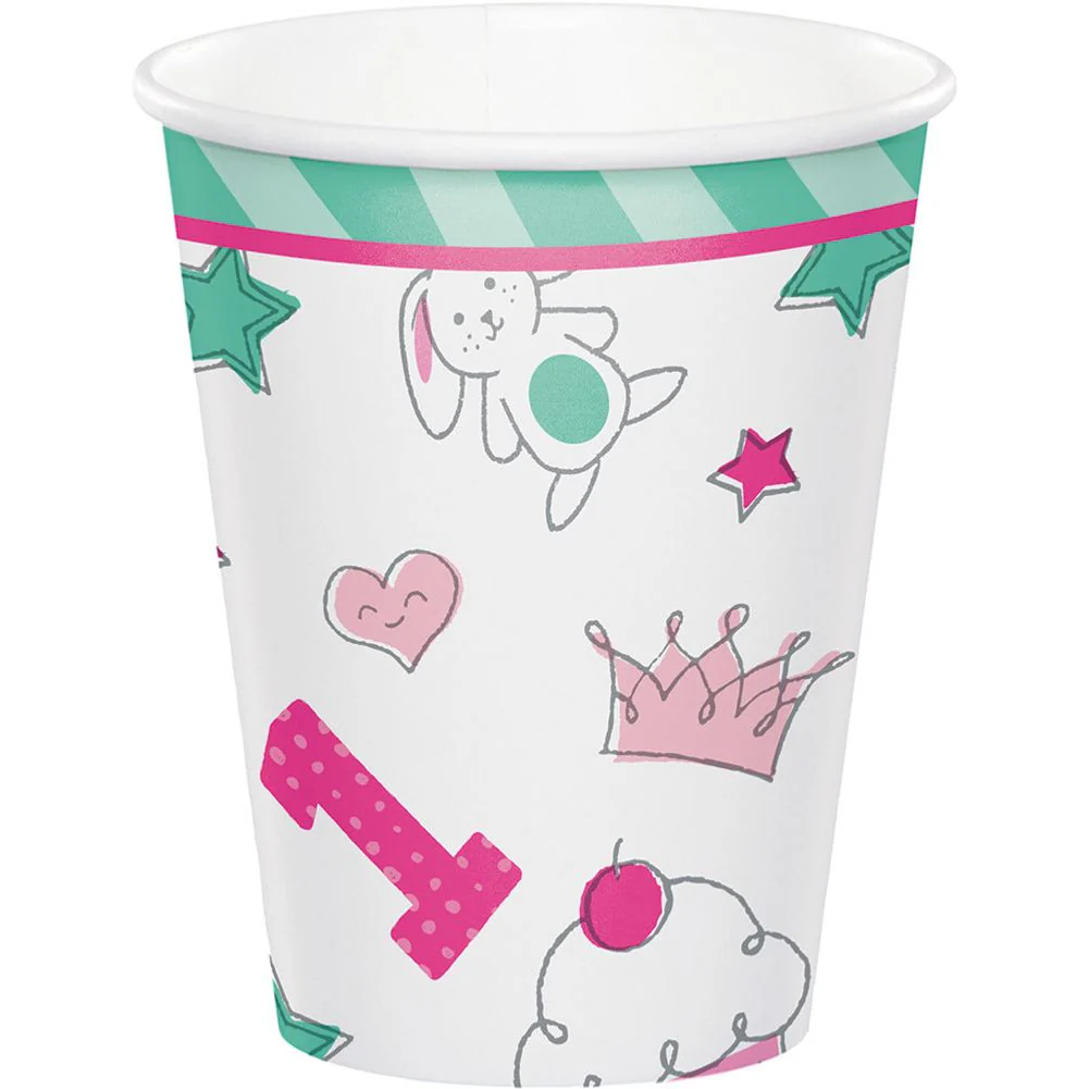 Doodle 1st Birthday Girl 9oz Paper Cups (8 ct)