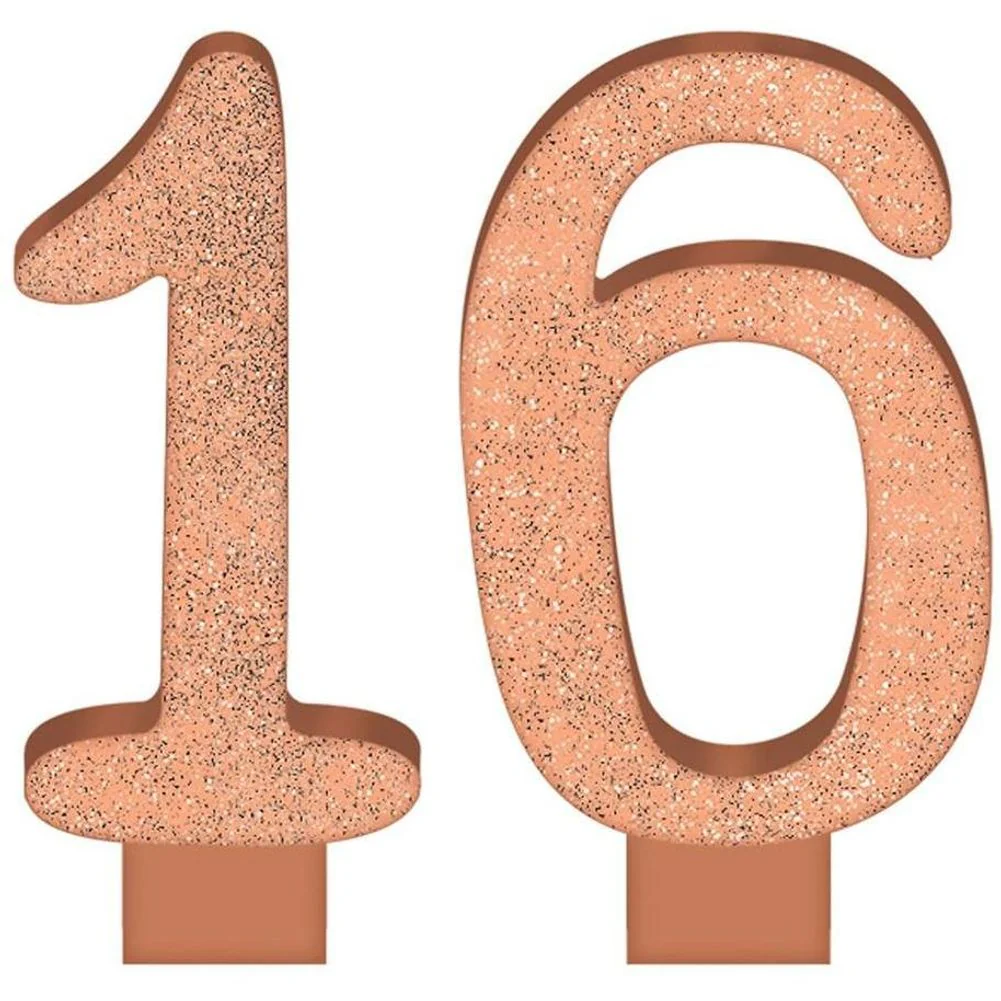 Glitter Rose Gold Number 16 Birthday Candles, 2ct