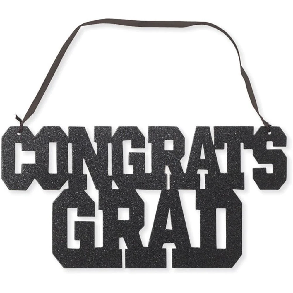Glitter Sign w/ Ribbon Hanger, Congrats Grad Black