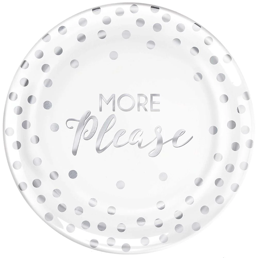 More Please Silver Confetti Dots Round Plastic Dessert Plates (20 ct)