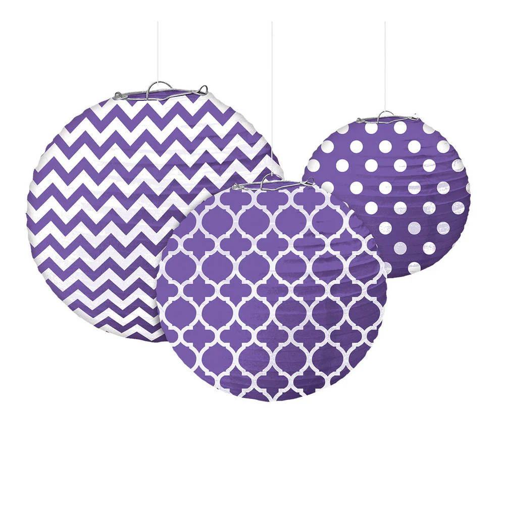 New Purple Printed Paper Lanterns, 3ct