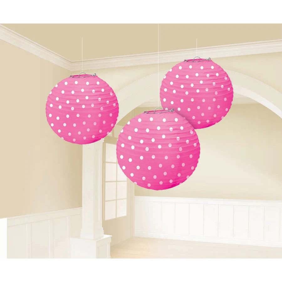 Pink Dots Round Paper Lanterns (3ct)