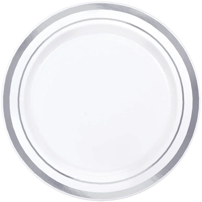 Plastic White and Silver Dessert Plates