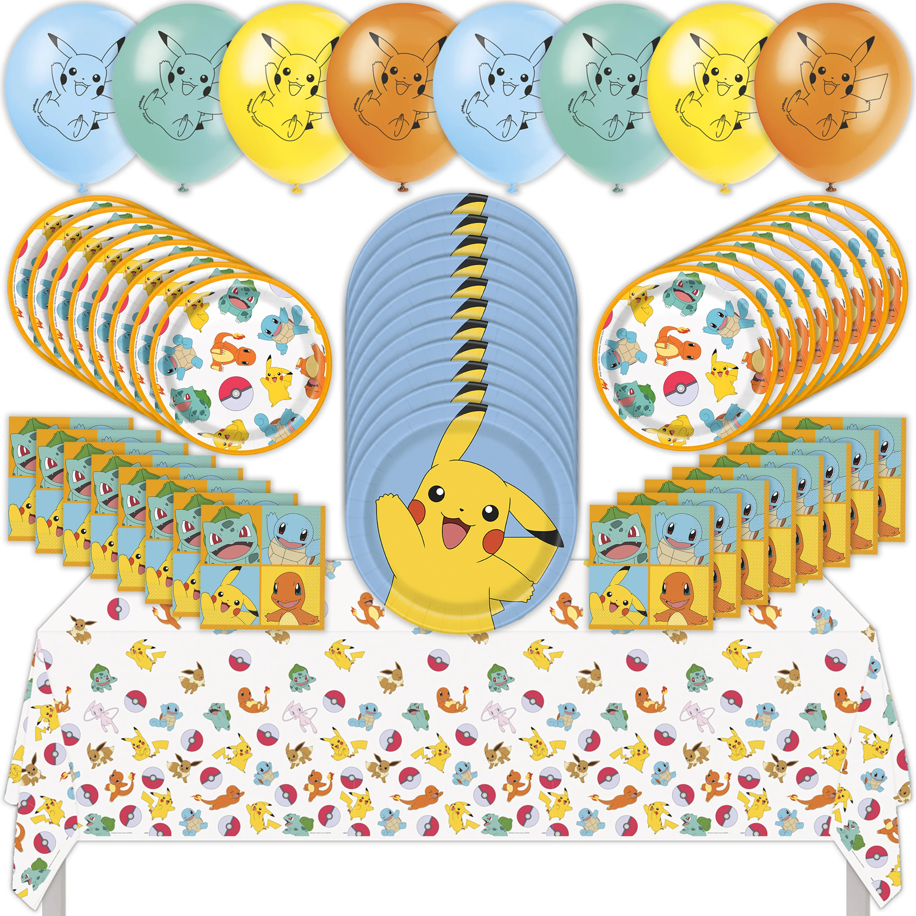 Pokemon Birthday Party Kit with Large Plates, Small Plates, Napkins, Balloons, Tablecover, and Sticker