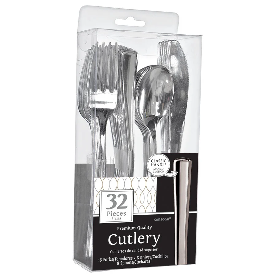 Premium Plastic Stainless Silver Cutlery Sets (32 ct)