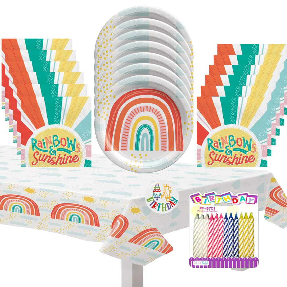 Retro Rainbow Deluxe Tableware Party Kit for Cake (16 Guests)