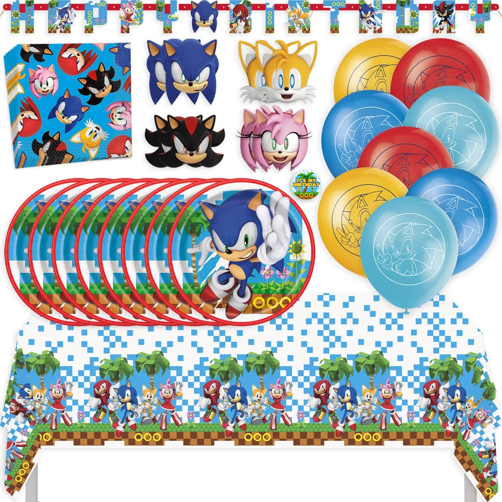 Sonic Birthday Party Kit with Tablecloth, Plates, Napkins, Balloons, Banner, Masks, & Sticker