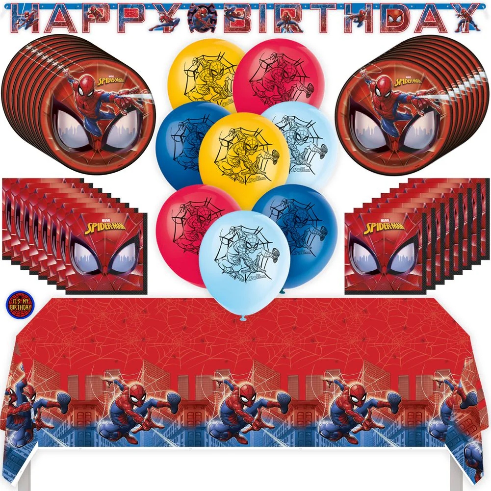Spiderman Birthday Party Kit with Tablecloth, Plates, Napkins, Cups, Balloons, Banner, & Sticker