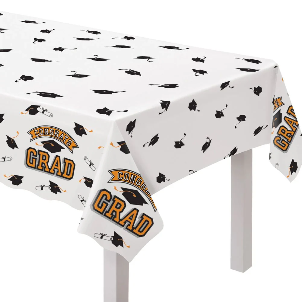True to Your School Congrats Grad Plastic Table Cover Orange (1ct)