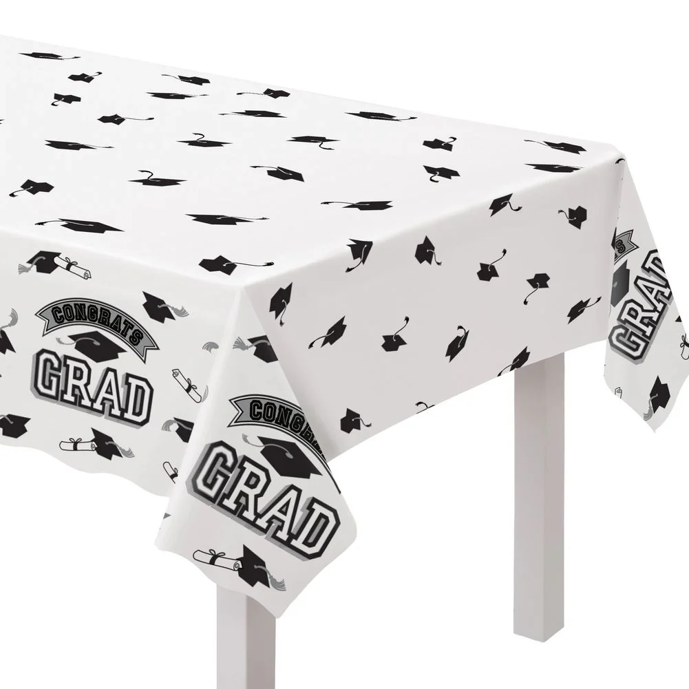 True to Your School Congrats Grad Plastic Table Cover White (1ct)